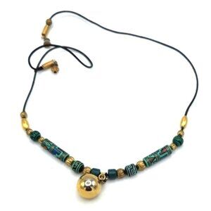 Aztec Design Green Bead Necklace  With Gold Ball Center Bead